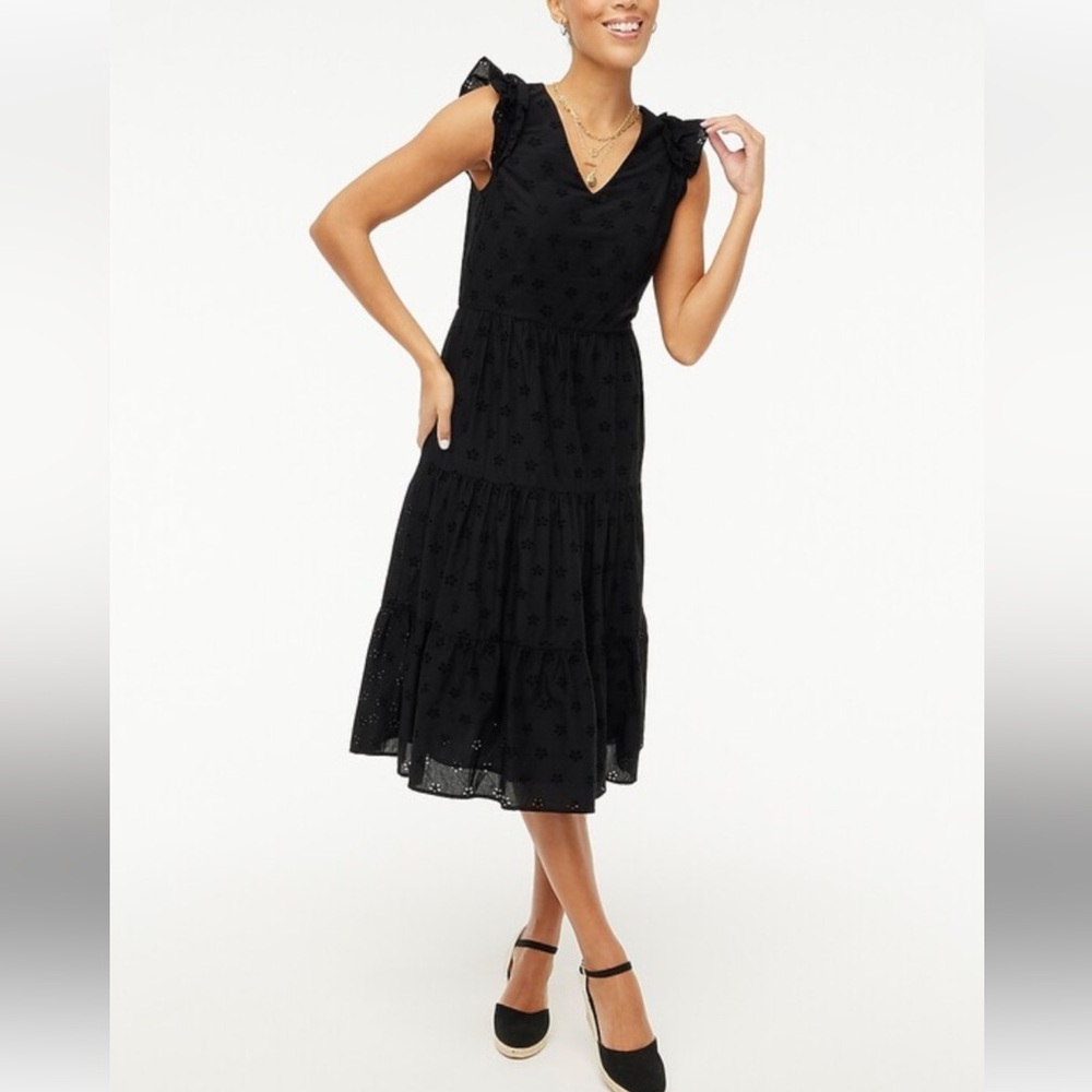 J. Crew Black V-Neck Sleeveless eyelet tiered ruffle sleeve Midi Dress